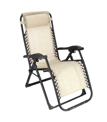 Tradineur - Silla / Tumbona plegable de acero, reclinable, reposacabezas acolchado, tejido resistente. Color Beige. 90 x 66 x 108 cm.