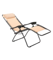 Tradineur - Silla / Tumbona plegable de acero, reclinable, reposacabezas acolchado, tejido resistente. Color Beige. 90 x 66 x 108 cm.