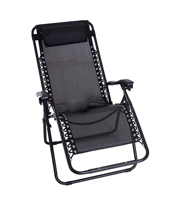 Tradineur - Silla / Tumbona plegable de acero, reclinable, reposacabezas acolchado, tejido resistente. Color Negro. 90 x 66 x 108 cm