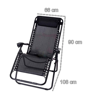 Tradineur - Silla / Tumbona plegable de acero, reclinable, reposacabezas acolchado, tejido resistente. Color Negro. 90 x 66 x 108 cm