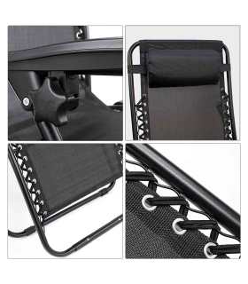 Tradineur - Silla / Tumbona plegable de acero, reclinable, reposacabezas acolchado, tejido resistente. Color Negro. 90 x 66 x 108 cm