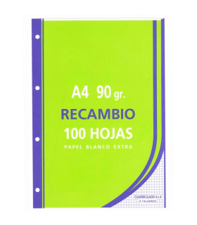 Tradineur - Pack de 100 hojas cuadriculadas A4 perforadas con margen, recambio hojas sueltas para archivador, 4 taladros, papel 90 g, material escolar, oficina