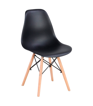 Silla con patas de madera y asiento de plástico negro 81 x 45 x 46 cm, estilo nórdico, silla de interior, diseño escandinavo, ideal para comedor, estudio, sala de estar, cocina, dormitorio