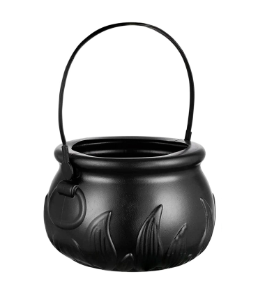 Tradineur - Cesta con asa para recoger caramelos, plástico, Halloween, cubo, recipiente para dulces, truco o trato (Negro, 9,5 x 14 cm)