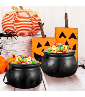 Tradineur - Cesta con asa para recoger caramelos, plástico, Halloween, cubo, recipiente para dulces, truco o trato (Negro, 9,5 x 14 cm)