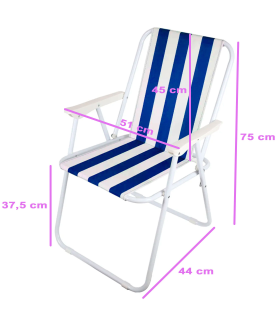 Tradineur - Silla de playa plegable, diseño a rayas, estructura metálica blanca y asiento de tela, ligera y resistente, máx. 110 kg, jardín, pesca, camping, 75 x 51 x 44 cm, color aleatorio