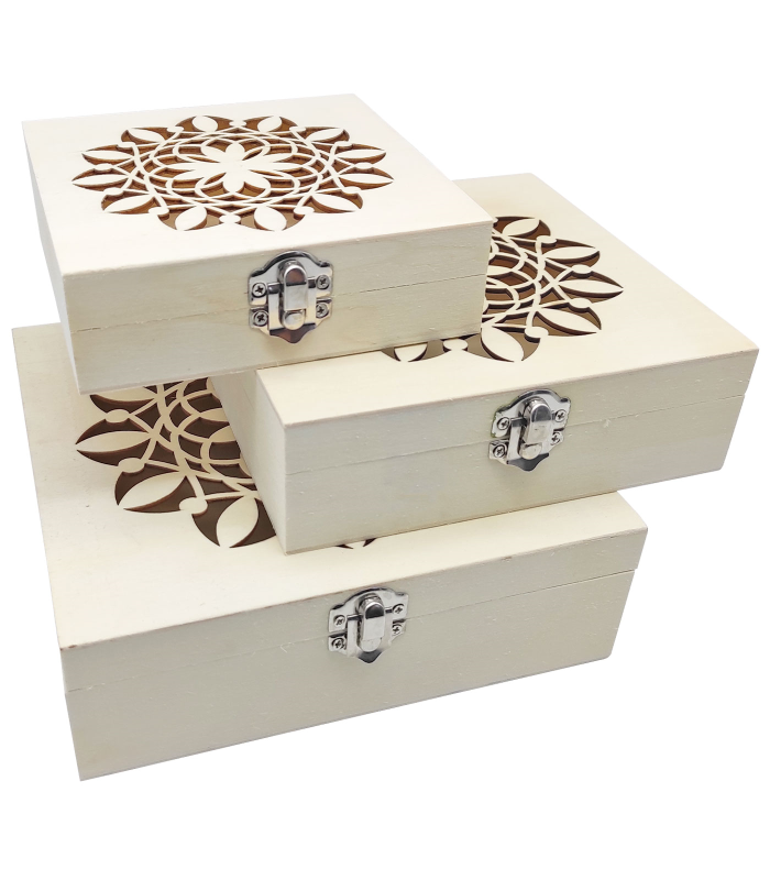 Tradineur - Set de 3 cajas de madera natural con tapa decorada, juego cajas decorativas sin tratar, cierre metálico, almacenaje joyas, manualidades, hogar