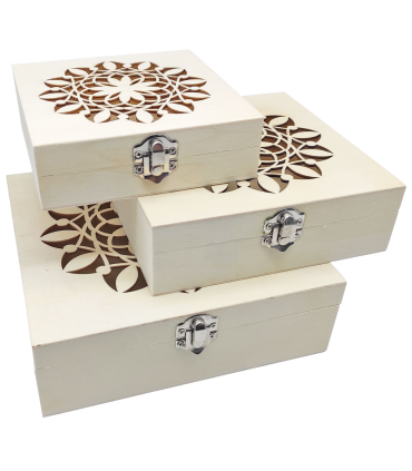 Tradineur - Set de 3 cajas de madera natural con tapa decorada, juego cajas decorativas sin tratar, cierre metálico, almacenaje joyas, manualidades, hogar