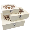 Tradineur - Set de 3 cajas de madera natural con tapa decorada, juego cajas decorativas sin tratar, cierre metálico, almacenaje joyas, manualidades, hogar