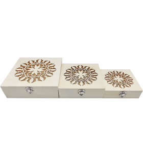 Tradineur - Set de 3 cajas de madera natural con tapa decorada, juego cajas decorativas sin tratar, cierre metálico, almacenaje joyas, manualidades, hogar