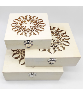 Tradineur - Set de 3 cajas de madera natural con tapa decorada, juego cajas decorativas sin tratar, cierre metálico, almacenaje joyas, manualidades, hogar