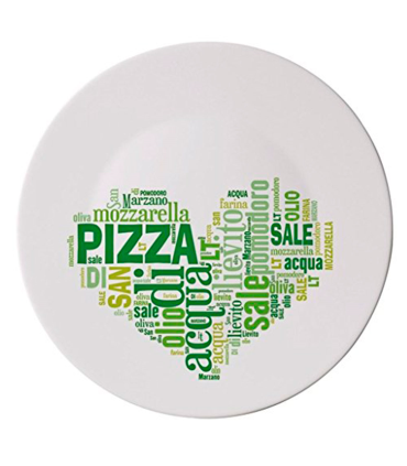 Tradineur - Plato bajo para pizza 33 cm, vidrio opal templado extra resistente, bandeja servir pizzas blanca con palabras en Italiano