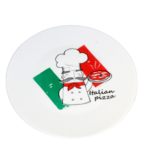 Tradineur - Plato bajo para pizza 33 cm, vidrio opal templado extra resistente, bandeja servir pizzas blanca con diseño de chef