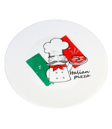 Tradineur - Plato bajo para pizza 33 cm, vidrio opal templado extra resistente, bandeja servir pizzas blanca con diseño de chef