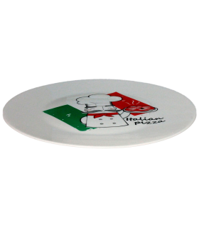 Tradineur - Plato bajo para pizza 33 cm, vidrio opal templado extra resistente, bandeja servir pizzas blanca con diseño de chef