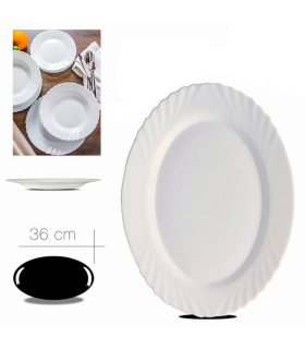 Tradineur - Fuente de color blanco con forma ovalada, de 36 x 5 x 26 cm. Recipiente para servir comidas de aspecto clasico de vidrio. Plato ovalado para comidas o cenas.