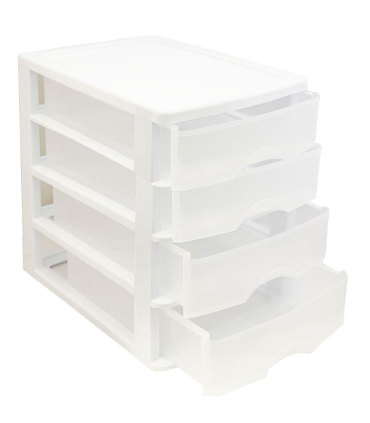 Tradineur - Cajonera de sobremesa 4 cajones de color blanco de 35,3 x 26,5 x 35,3 cm, Cajonera plástico 4 cajones para mesa multiusos para almacenamiento y organización ideal para oficina.