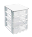 Tradineur - Cajonera de sobremesa 4 cajones de color blanco de 35,3 x 26,5 x 35,3 cm, Cajonera plástico 4 cajones para mesa multiusos para almacenamiento y organización ideal para oficina.