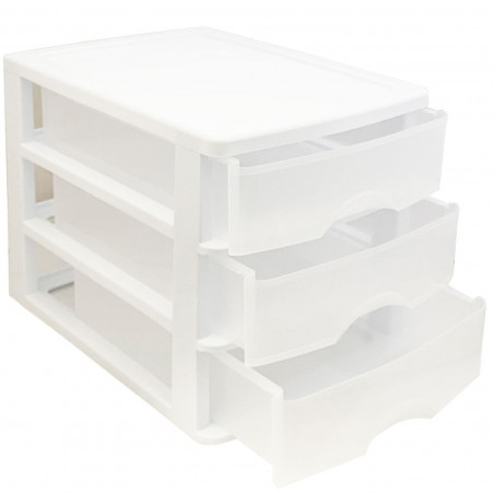 Tradineur - Cajonera de sobremesa de plástico blanco con 3 cajones transparentes, torre de almacenaje multiusos, organizador aux