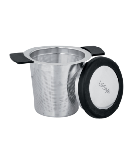 Tradineur - Filtro para infusiones de acero inoxidable con tapa/soporte y asas 7 cm, colador para té suelto, manzanilla, infusor, infusionador de cocina