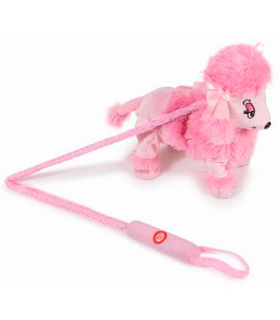 Tradineur - Perrita de peluche, anda/baila y canta, incluye correa rígida de 75 cm, peluche musical para pasear, juguete infantil con sonido, funciona con pilas, niños, 24 x 9 x 25 cm, color aleatorio