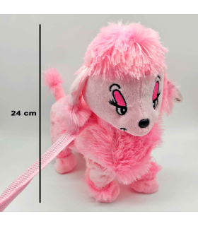 Tradineur - Perrita de peluche, anda/baila y canta, incluye correa rígida de 75 cm, peluche musical para pasear, juguete infantil con sonido, funciona con pilas, niños, 24 x 9 x 25 cm, color aleatorio