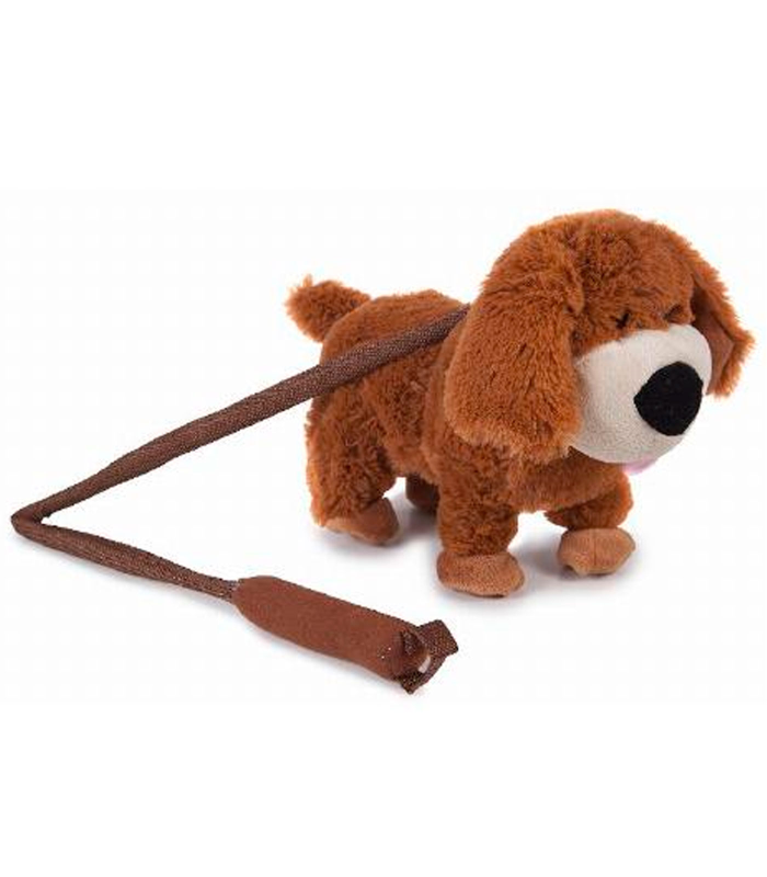 Tradineur - Perro de peluche, anda/baila y canta, incluye correa rígida de 75 cm, peluche musical para pasear, juguete infantil con sonido, funciona con pilas, niños, 24 x 9 x 25 cm