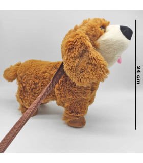 Tradineur - Perro de peluche, anda/baila y canta, incluye correa rígida de 75 cm, peluche musical para pasear, juguete infantil con sonido, funciona con pilas, niños, 24 x 9 x 25 cm