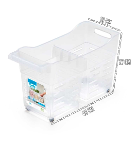 Tradineur - Carrito multiusos de plástico con ruedas y asa, 2 compartimentos, cesta organizadora para productos de limpieza, baño, cocina (Transparente, 46 x 19 x 27 cm)