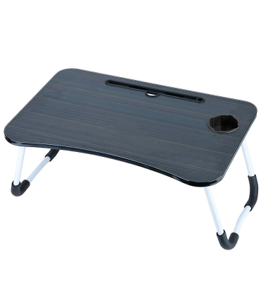 Tradineur - Mesa de cama para portátil, bandeja de MDF con patas plegables, portavasos y ranura para tablet, desayuno, sofá (Negro, 59,5 x 39 x 28 cm)