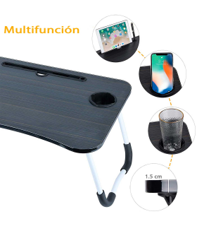 Tradineur - Mesa de cama para portátil, bandeja de MDF con patas plegables, portavasos y ranura para tablet, desayuno, sofá (Negro, 59,5 x 39 x 28 cm)