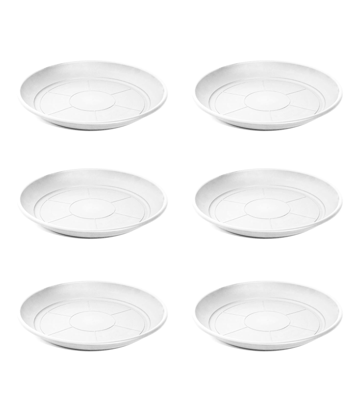 Pack de 6 platos de plástico blanco para macetas de 20-25 cm "Mediterránea". Bandejas, platillos marrón redondos para tiestos de interior, exterior, jardín, terraza o balcón