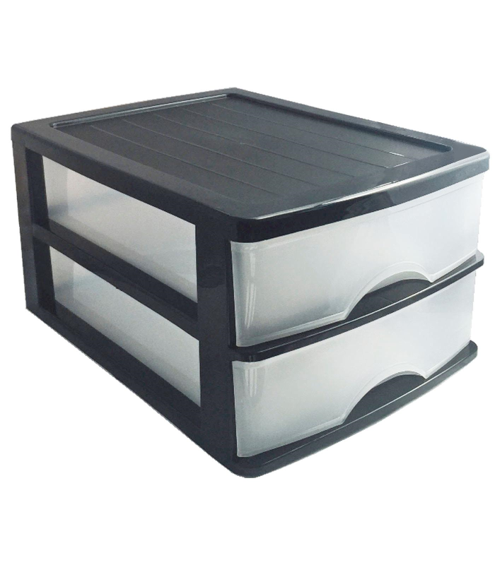 Tradineur - Cajonera de sobremesa 2 cajones de color negro de 17,5 x 26 x 35 cm, Cajonera plástico 2 cajones para mesa multiusos para almacenamiento y organización ideal para oficina.