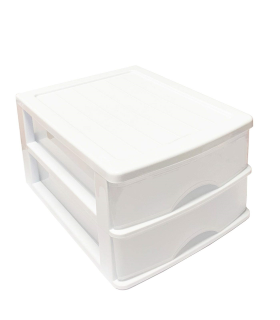 Tradineur - Cajonera de color blanco de sobremesa 2 cajones de 17,5 x 26 x 35 cm, Cajonera plástico 2 cajones para mesa multiusos para almacenamiento y organización ideal para oficina.