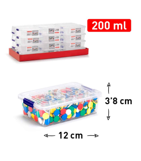 Tradineur - Mini Caja de ordenación de plástico transparente. Contenedor para almacenar botones, hilo o alimentos. Capacidad 200 ML. Dimensiones aprox.: 3,8 x 12 x 8 cm