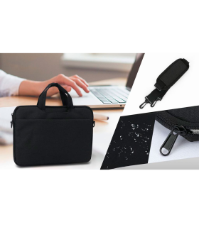 Tradineur - Bolsa para portátil de 13-14 pulgadas, bolso, bandolera, maletín, funda de tela impermeable con asas y correa de hombro para ordenador, tablet, forro acolchado, ligera (Negro, 27 x 38 cm)