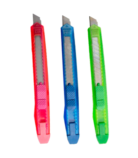 Tradineur - Pack de 3 cúters - Mango ergonómico antideslizante - Fabricado en acero y plástico - Longitud de 13 cm - Color: Azul, Verde y Rosa