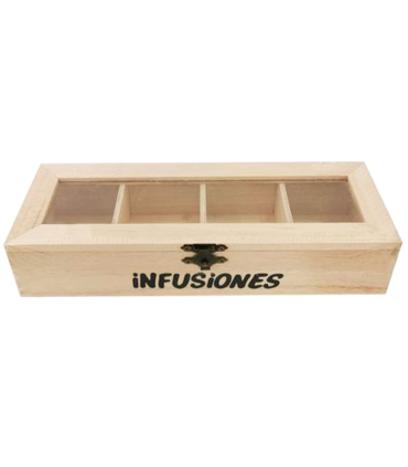 Tradineur - Caja de madera "Infusiones" con tapa de cristal, caja de almacenamiento decorativa, madera natural, guardar té, manzanilla, manualidades, regalo, 4,8 x 24,7 x 8,8 cm