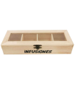 Tradineur - Caja de madera "Infusiones" con tapa de cristal, caja de almacenamiento decorativa, madera natural, guardar té, manzanilla, manualidades, regalo, 4,8 x 24,7 x 8,8 cm