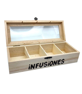 Tradineur - Caja de madera "Infusiones" con tapa de cristal, caja de almacenamiento decorativa, madera natural, guardar té, manzanilla, manualidades, regalo, 4,8 x 24,7 x 8,8 cm