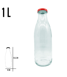 Tradineur - Botella de vidrio multiusos, bote, frasco facetado con tapa de rosca, guardar agua, leche, zumo, bebidas (9 x 25,5 cm, 1 L)