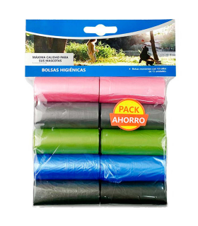 Tradineur - Pack de 10 rollos de bolsas higiénicas para excrementos de perro, recambios para dispensador de bolsas de caca, mascotas, extra resistentes (Multicolor, Total 150 bolsas)