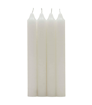 Tradineur - Pack de 4 velas alargadas, velas de mesa cilíndricas, parafina y mecha de algodón, sin perfume, rituales y ceremonias (Blanco, 17 cm)