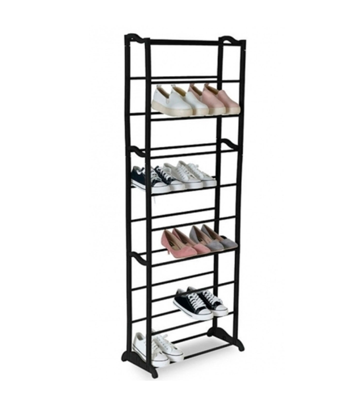 Tradineur - Zapatero de plástico con varillas metálicas, 10 niveles, soporte para 30 pares de calzado, estantería para zapatos, recibidor, pasillo, dormitorio (Negro, 140 x 50 x 25 cm)