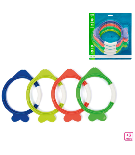 Tradineur - Set de 4 aros de colores con forma de pez para buceo, plástico, juegos acuáticos, piscina, coordinación mano-ojo, conciencia del espacio, natación, niños, 19 x 14,5 cm