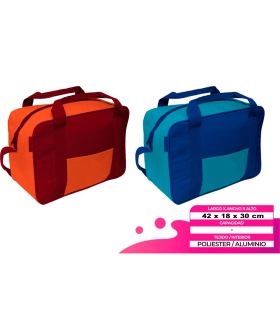 Tradineur - Bolsa porta alimentos térmica, forro de aluminio, nevera poliéster, asas y correa ajustable, cremallera y aislante interior, plegable, playa, camping, 42 x 18 x 30 cm, color aleatorio