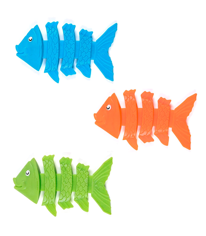 Tradineur - Set de 3 peces flexibles de colores para buceo, plástico, juegos acuáticos, piscina, coordinación mano-ojo, conciencia del espacio, natación, niños, 11 x 6,5 cm