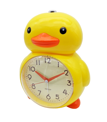 Tradineur - Reloj despertador analógico infantil de plástico, incluye luz y función snooze, botón de apagado, funcionamiento con 2 pilas AA, niños, decoración (Pato amarillo, 17,5 x 14 cm)