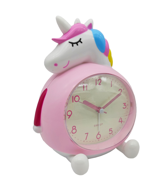 Tradineur - Reloj despertador infantil analógico de plástico, incluye luz y función snooze, botón de apagado, funcionamiento con 2 pilas AA, niños, decoración (Unicornio, 16 x 14 cm)