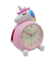 Tradineur - Reloj despertador infantil analógico de plástico, incluye luz y función snooze, botón de apagado, funcionamiento con 2 pilas AA, niños, decoración (Unicornio, 16 x 14 cm)